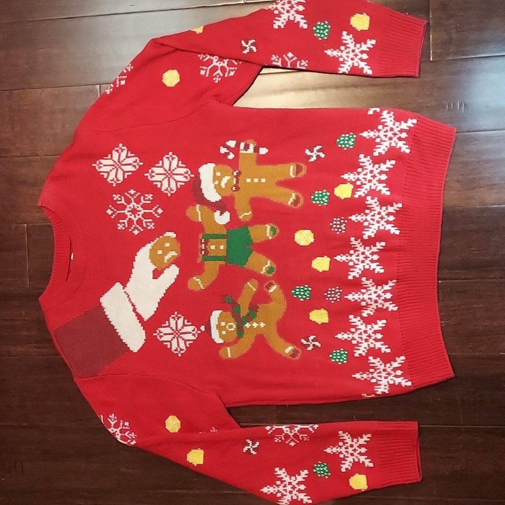 Runaway Gingerbread Man Red Ugly Sweater Christmas Party w/ Festive Earrings